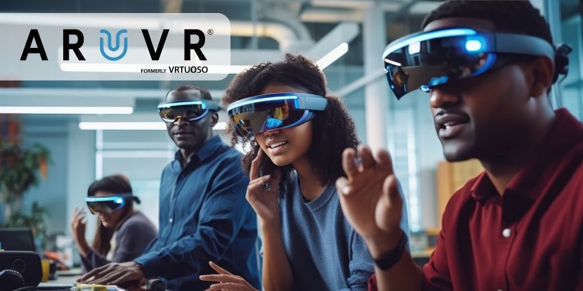 A woman and two men are wearing VR headsets 