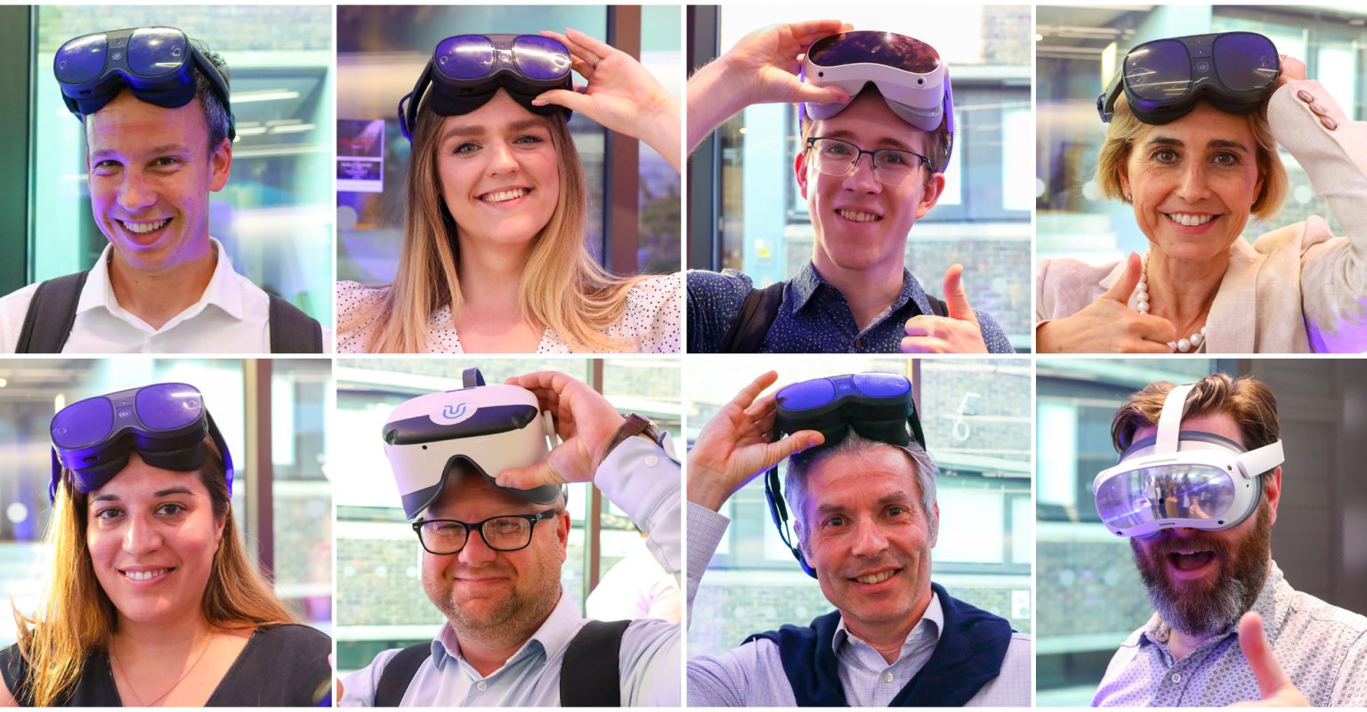 A series of people wearing VR headsets smiling or giving a thumbs-up to camera.