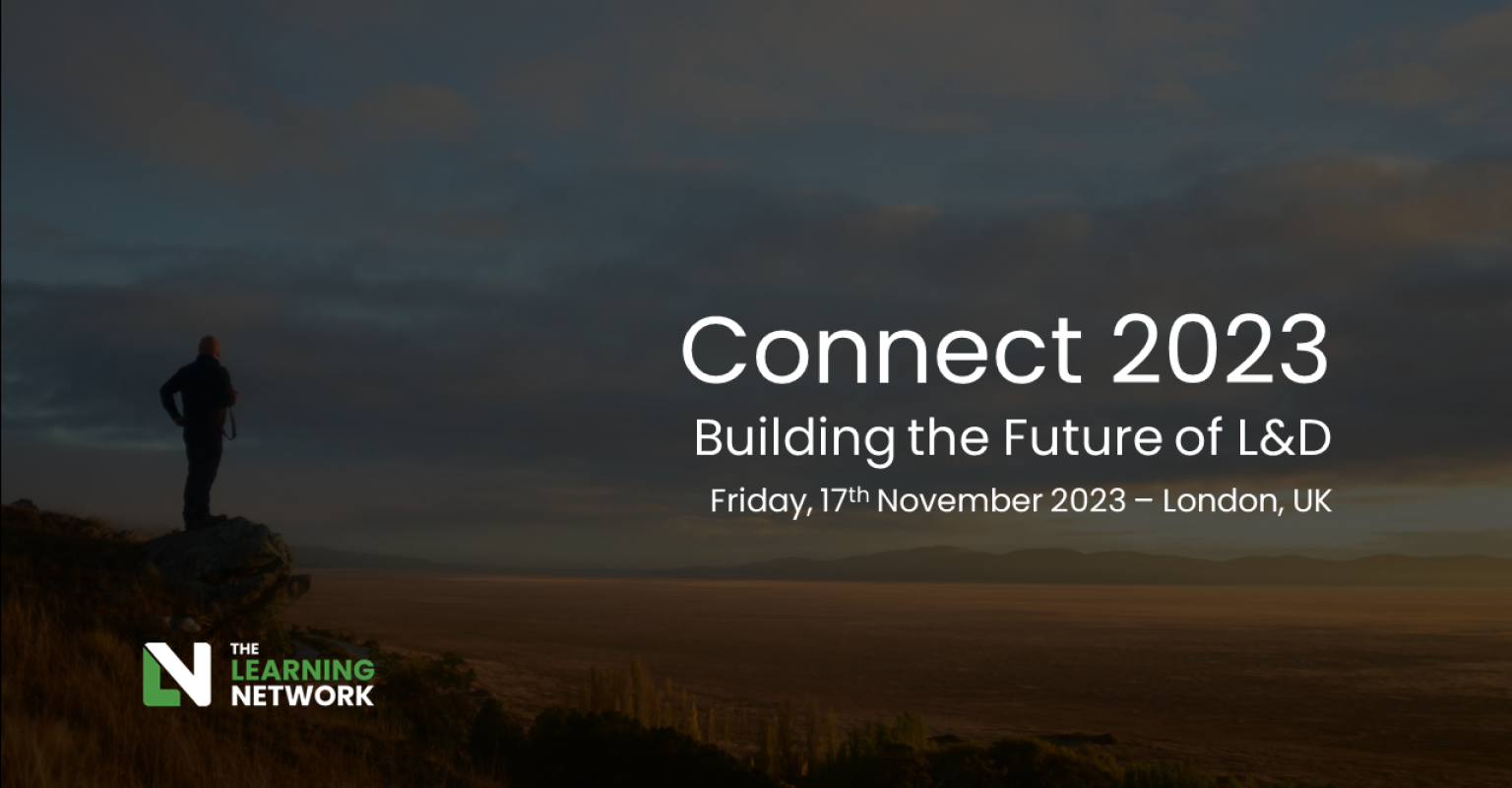 An image of a man on a hill looking towards a sunset. This image represents someone looking to the future. To the right of the man there is some text, which reads: Connect 2023, Building the future of learning and development, Friday 17 November 2023, London
